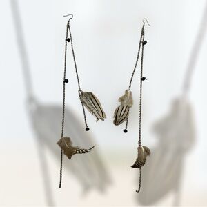 Boho Feather Dangle Earrings | Long Chain Statement Earrings | Neutral Tones